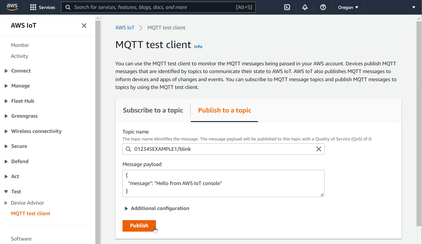 Subscribing to messages and publishing with AWS IoT console MQTT client