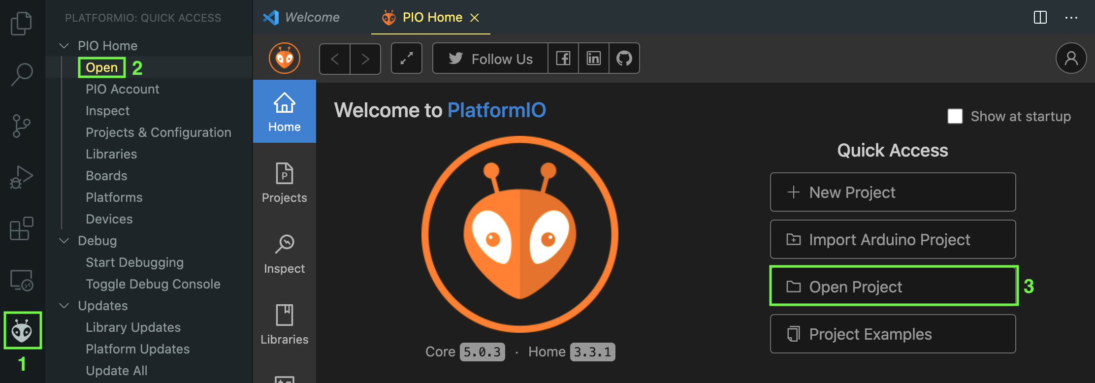 PlatformIO home screen