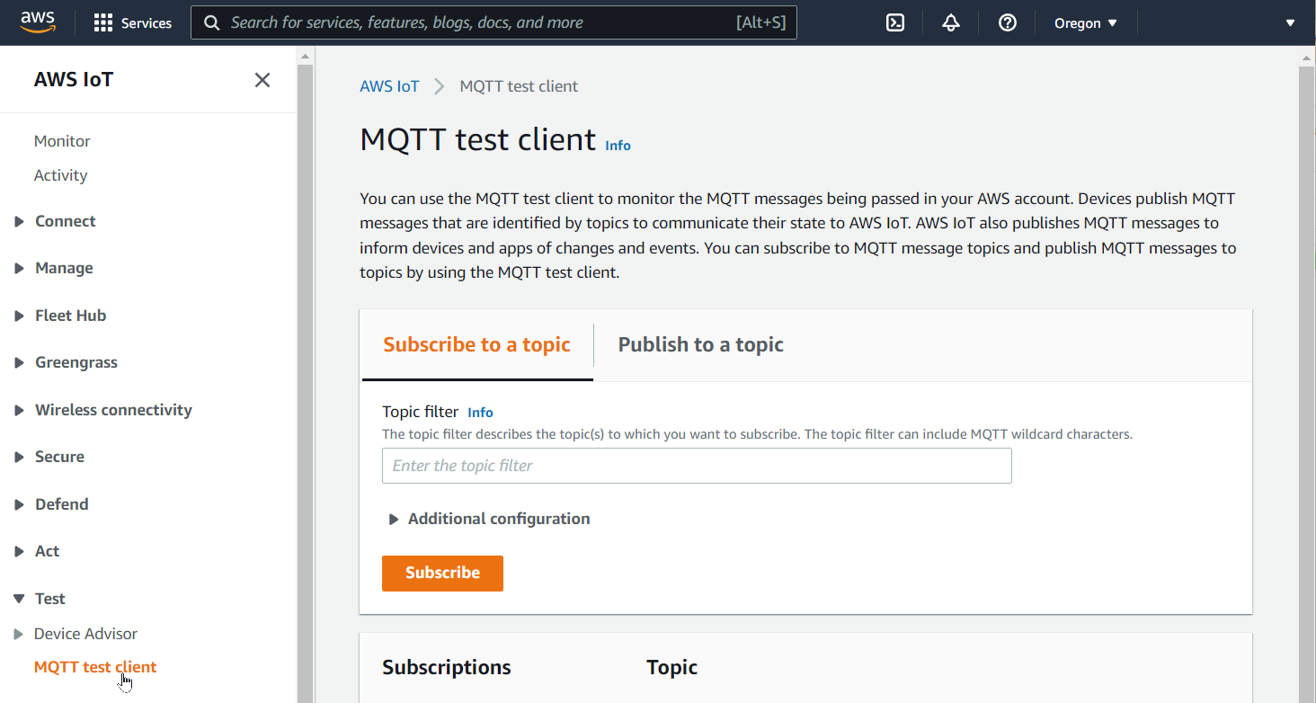 Choose test in AWS IoT console